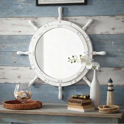 Vercraft Nautical Ship Wheel Mirror Wall Mounted Large Nautical Mirror Decorative Ship Wheel Wall Decor for Bathroom Bedroom Shelf Ornament(White Hand