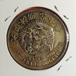 RARE  JAPAN TRADE DRAGON ONE DOLLAR (26.7 GR) SILVER  PL.(38.5X3 MM) HIGH  GRADE. 