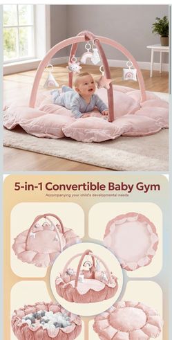 5-in-1 Thick Plush Baby Play Gym Mat, Tummy Time Mat with 6 Sensory Toys, Baby Play Mat