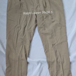Mens Ralph Lauren Beige 38x30.5, Pleated Dress Pants W/Cuffs. Might Be Herringbone. No Material Tag, Very Light Weight, Like A Linen Excellent Conditi