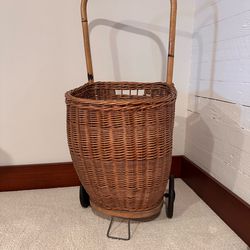 Vintage wicker and rattan shopping trolley