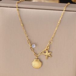 18 k gold plated stainless steel summer vibe necklace with starfish and shell 