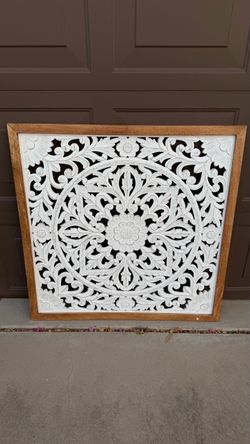 Large 36” Carved Wood Mandala Wall Art – White & Natural Wood