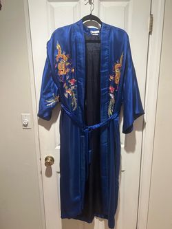 Vintage Royal Blue Silk Embroidered Dragon & Phoenix Kimono Robe Duster