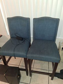 Set of 3 Blue Upholstered Bar Stools