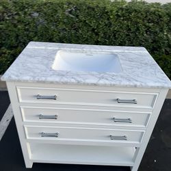 New product promotion 36”grey single sink bathroom vanity with carrara white marble stone top