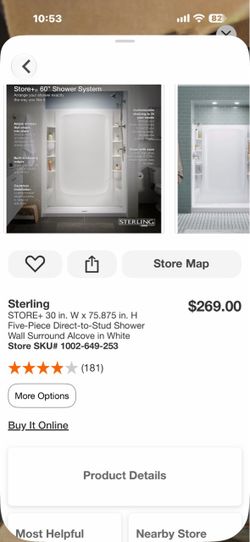 Sterling STORE+ 30 in. W x 75.875 in. H Five-Piece Direct-to-Stud Shower Wall Surround Alcove in White