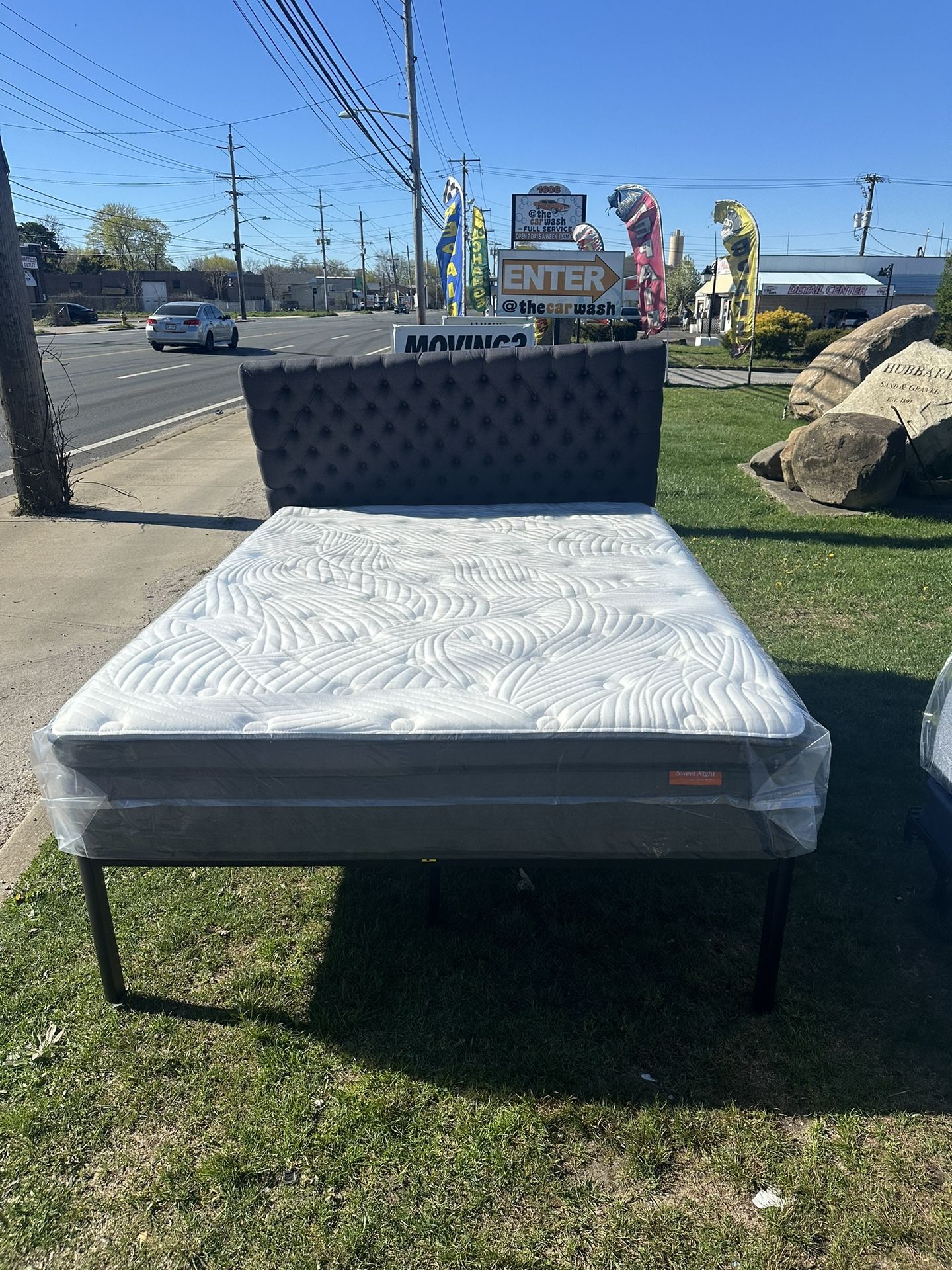 Queen Size Headboard, Platform Bed Frame & Sweet Night Mattress. 