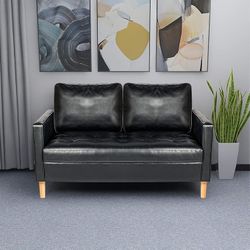 57" Modern Sofa Couch, Black Faux Leather Loveseat for Living Room, Comfy Office Love Seats, Small