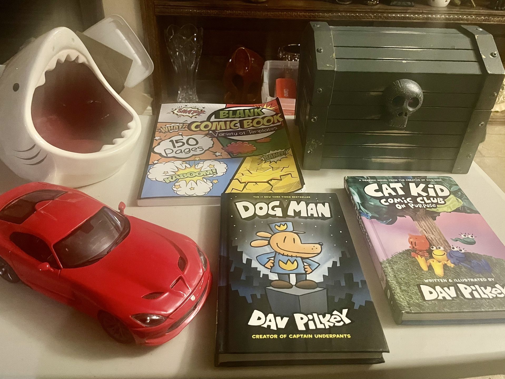 Red Maisto 2013 Dodge Viper GTS SRT Diecast Car, Wood Treasure Chest, Brand New Hardback Dog Man, New Cat Kid Book, & Desktop Shark
