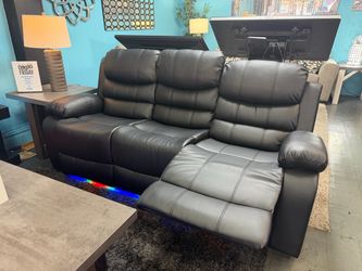 Black Leather Reclining Sofa with LED Lighting