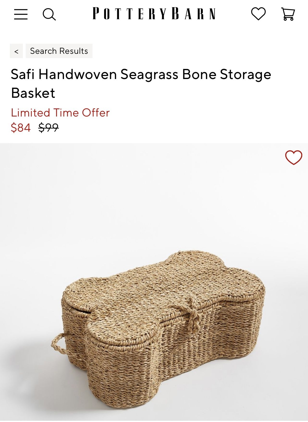 Pottery Barn Safi Handwoven Seagrass Bone Storage Basket