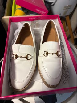 White faux leather loafers