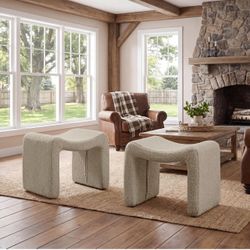 Modern Boucle Ottoman, Vanity Stool Chair, Foot Stool with Wooden Legs Sofa Bench Footstool Extra Seat for Vanity, Makeup Room, Living Room, Entryway,