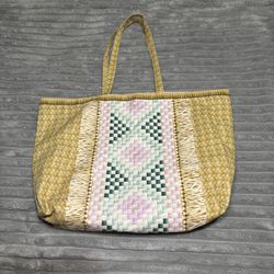 Estee Lauder Tan STRAW-LOOK (cotton fabric) Beach Bag Large Tote 