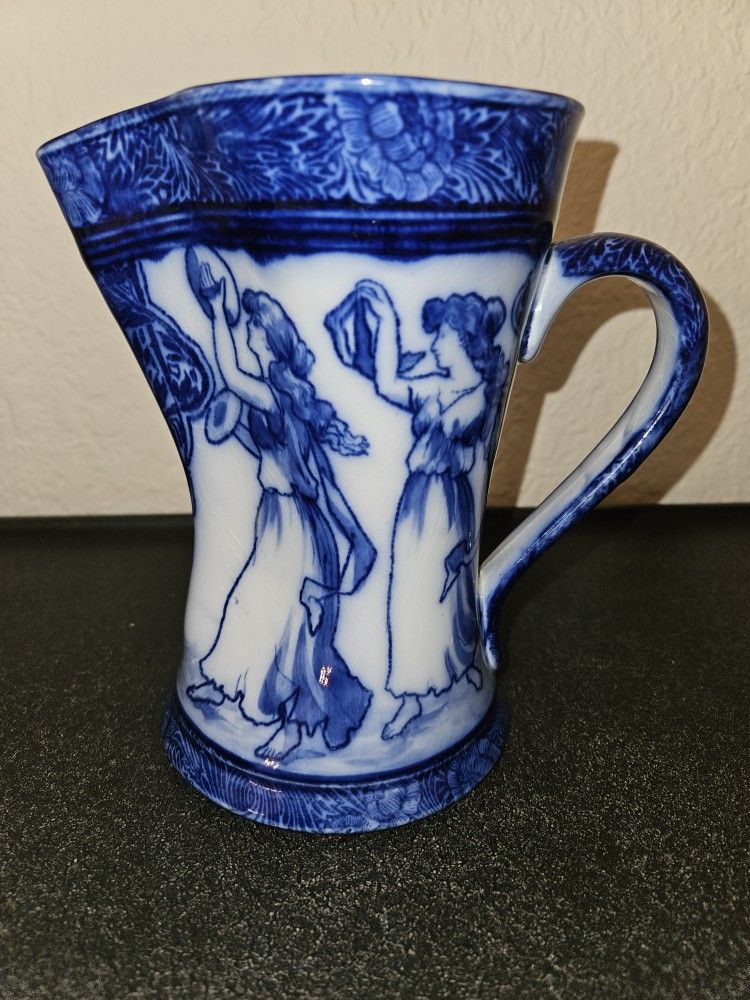 Royal Doulton Morrisian Ware Dancing Ladies Blue & White Jug, identified by the pattern number D1016