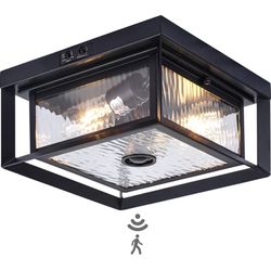 Motion Sensor Outdoor Ceiling Light - Industrial Style, Flush Mount, Dual Box Frame with Water Ripple Glass Design - Perfect for Porch, Garage, and En