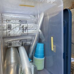 Tub of Plastic Shot Glasses and Cups