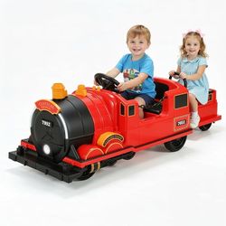 Ride On Train Trackless, 12V Kids Battery Electric Train with 2-Seater，Detachable Carriage, Extra Storage, Colorful Lights & Music, Toddlers Car Toy f