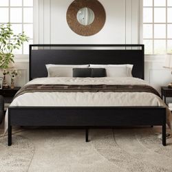 King size metal platform bed with wooden head/footboards