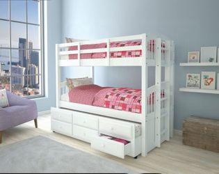 💥New Kids Wood Twin over Twin w/ Trundle & Storage Bedroom Bunk Bed 2 Colors $10 DOWN