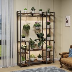 Plant Stand Indoor with Grow Lights 11 Tiered Wood Indoor Plant Shelf 62" Tall Plant Stand Metal Frame for Indoor Plants Multiple Flower Pot Holder, L