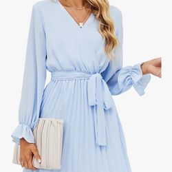 Black pleated Belted V-Neck Mini Dress, M