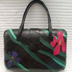 VINTAGE Genuine Frogskin Leather Dual Handle Hard Shell Handbag, Black w/ Green, Pink & Purple Floral Accents Excellent Condition