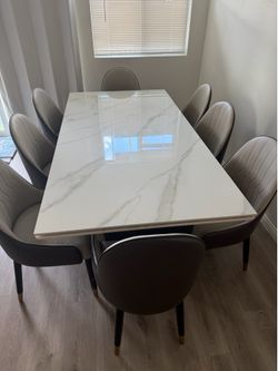 9 - Piece 110.24" Extendable Sintered Stone Dining Table and 8 Leather Chairs Dining set