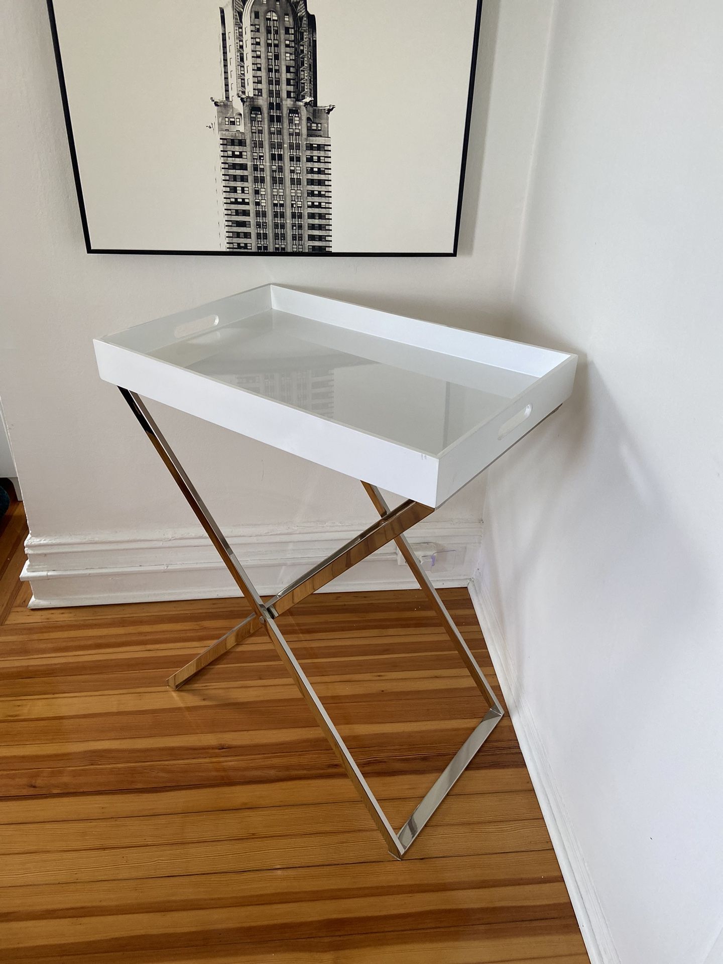 Serving Tray Table Williams Sonoma /West Elm White Chrome