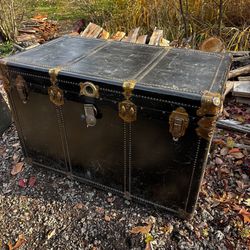 Antique 1920s Kaufmann & Baer Steamer Trunk Black Metal Brass Hardware Excelsior