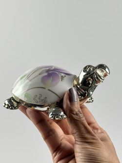 Vintage Silver Plated & Glass Floral Shell Lucky Tortoise Paper Weight Figurine 