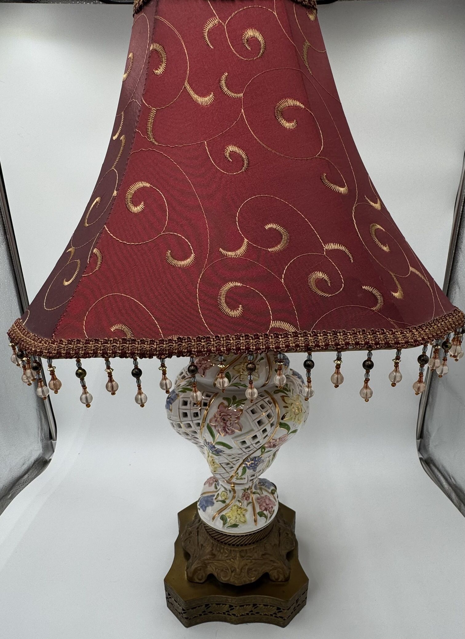 This is a mid-20th century Capodimonte porcelain lamp. With Shade.