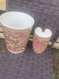 Bathroom, set trashcan and glass toilet brush holders