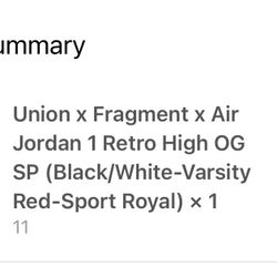 Size 11- Fragment x Union LA x Air Jordan 1 Retro OG High *OTW*