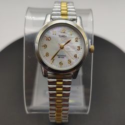 Timex Two Tone INDIGLO Womens Quartz Watch Mother Of Pearl Dial SS Stretch Band