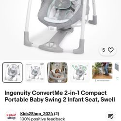 Ingenuity ConvertMe 2-in-1 Compact Portable Baby Swing 2 Infant Seat, Swell