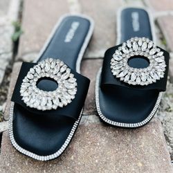 New Boutique Top Moda Embellished Black + Silver Rhinestone Sandals 6.5