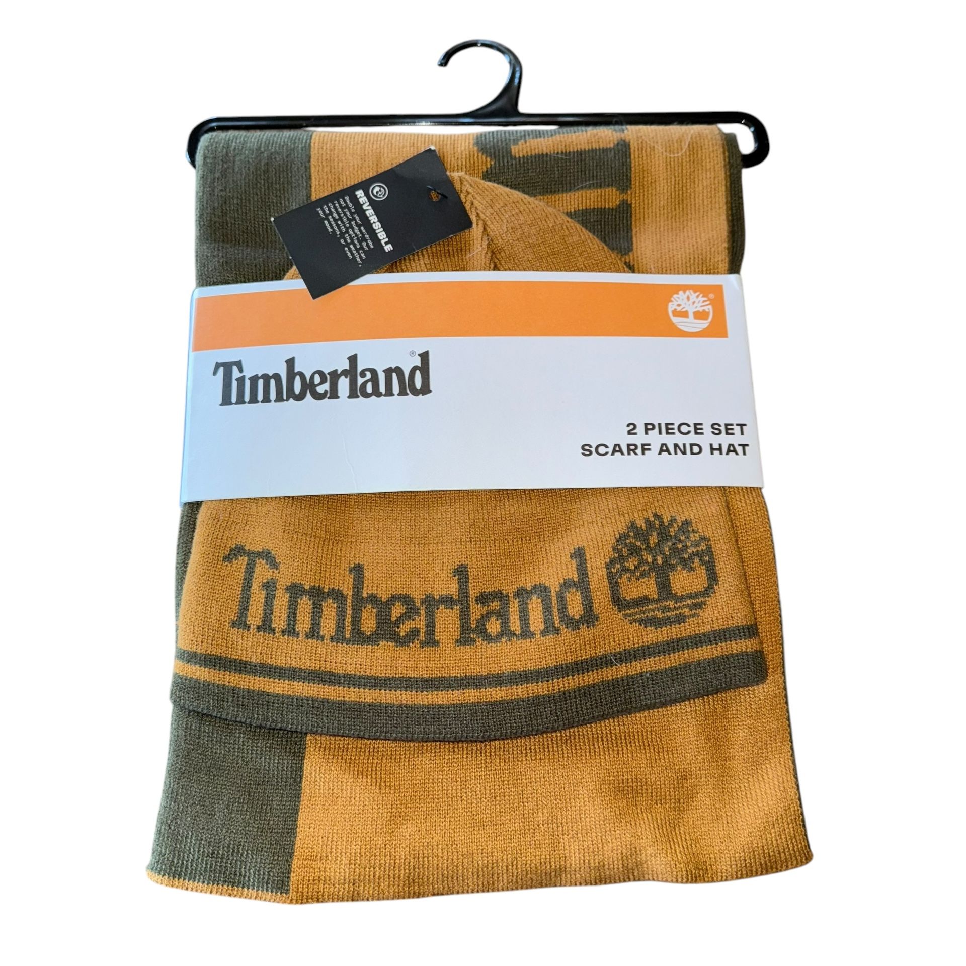 NWT Timberland Logo Jacquard Hat and Scarf Set Mens Brown Green  Reversible   Elevate your winter wardrobe with this stylish and functional Timberland