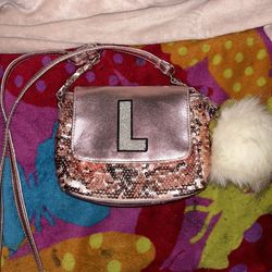 Justice Girls Pink Sequin “L” Purse With Fuzzy Tassle Ball