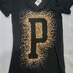 VS PINK 2012 Woman's T-shirt Blinged Out In Gold Sequence