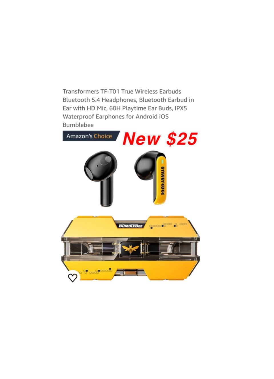 New Transformers TF-T01 True Wireless Earbuds Bluetooth 5.4 Headphones, Bluetooth Earbud in Ear with HD Mic, 60H Playtime Ear Buds, IPX5 Waterproof$25