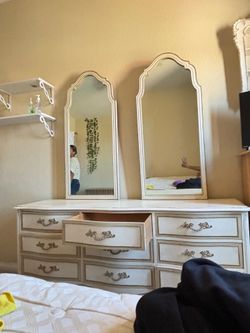 French provincial Dresser side table vanity stool bed headboard shelf