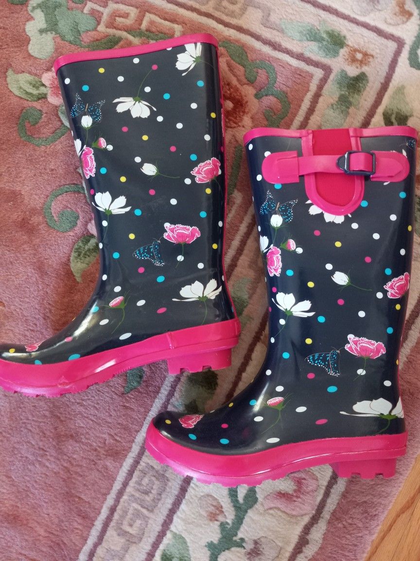 Serra Rain Boots Women’s Sz 9 Tall Navy & Pink Floral Butterflies Polka Dots

