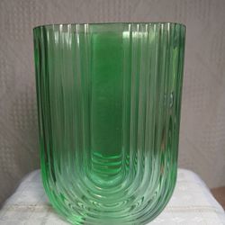 Green Vintage Look U Shaped Glass  Iridescent Vase