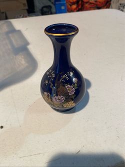 Cobalt Blue Ceramic Vase with Peacock Design