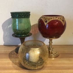 3 New Glass Jeweled Accent Candleholder Candle Holders  Vase Home Decor Brass Stands