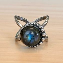 Waxing Poetic NIGHTAIRE Oxidized Sterling Silver Labradorite Moon Ring Size 7.5