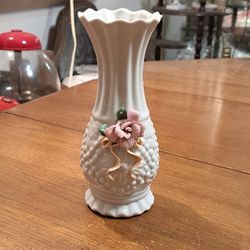 White Milk Glass Hobnail Pattern Ribbed Vase W/Porcelain Flower, Scalloped Rim