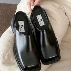 Women's French-style British-style Square Toe Chunky / Mid-heel Pu Leather Mules With Thick Heel & Open Toe